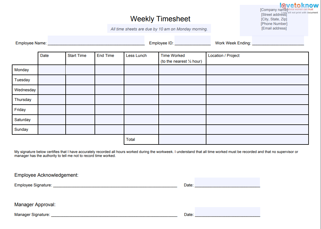 10 Best Timesheet Templates To Track Work Hours Pertaining To Weekly Time Card Template Free