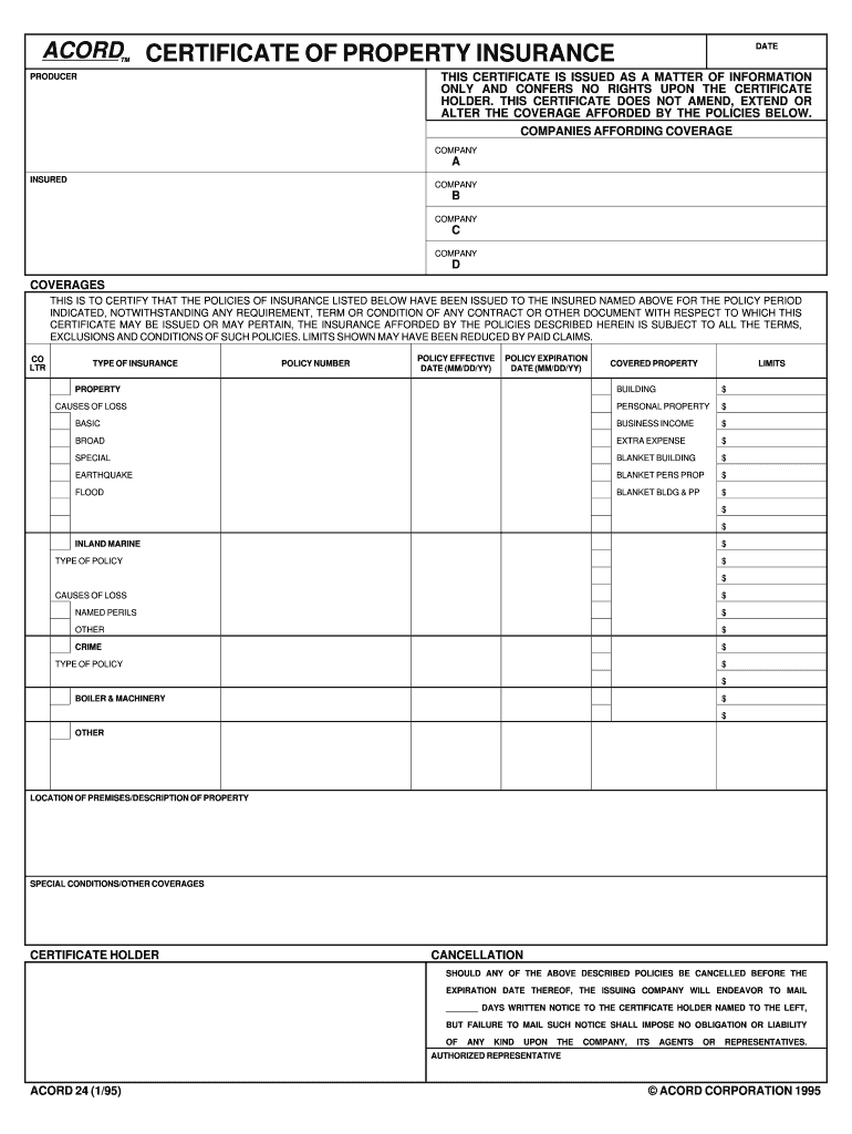 1995 Form Acord 24 Fill Online, Printable, Fillable, Blank Pertaining To Acord Insurance Certificate Template