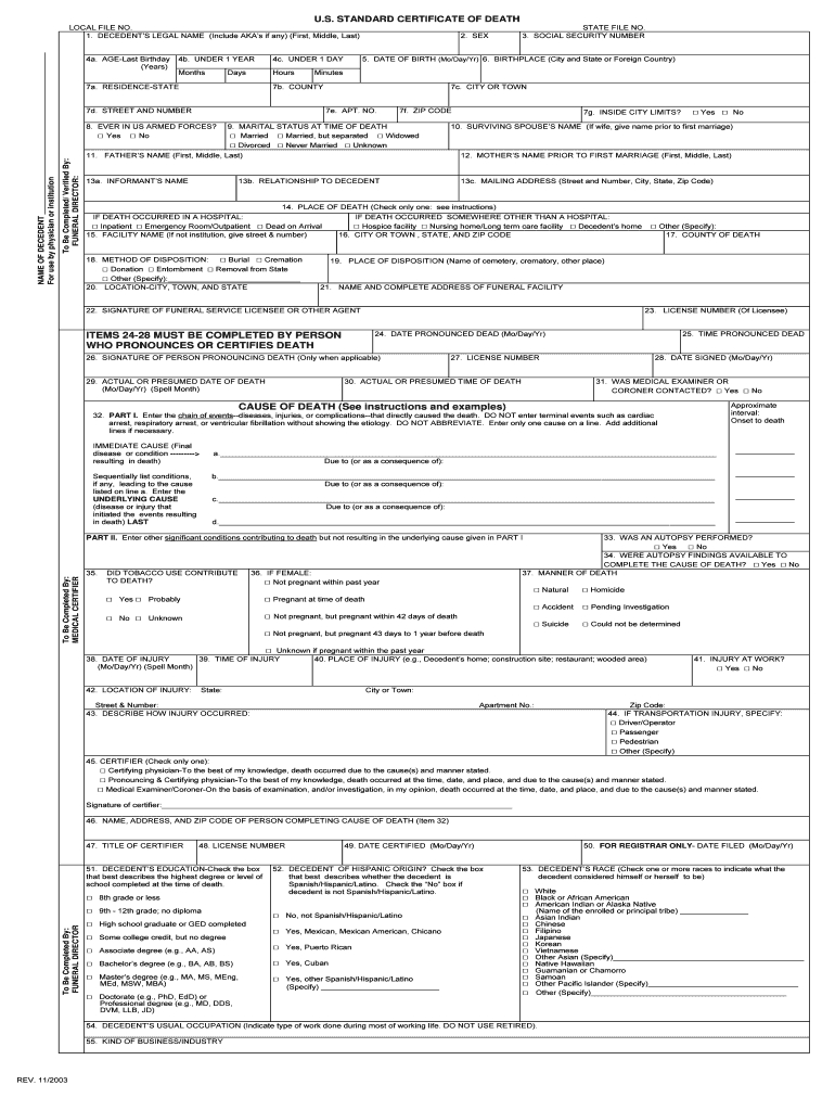 2003 2020 Form Us Standard Certificate Of Death Fill Online Inside Baby Death Certificate Template