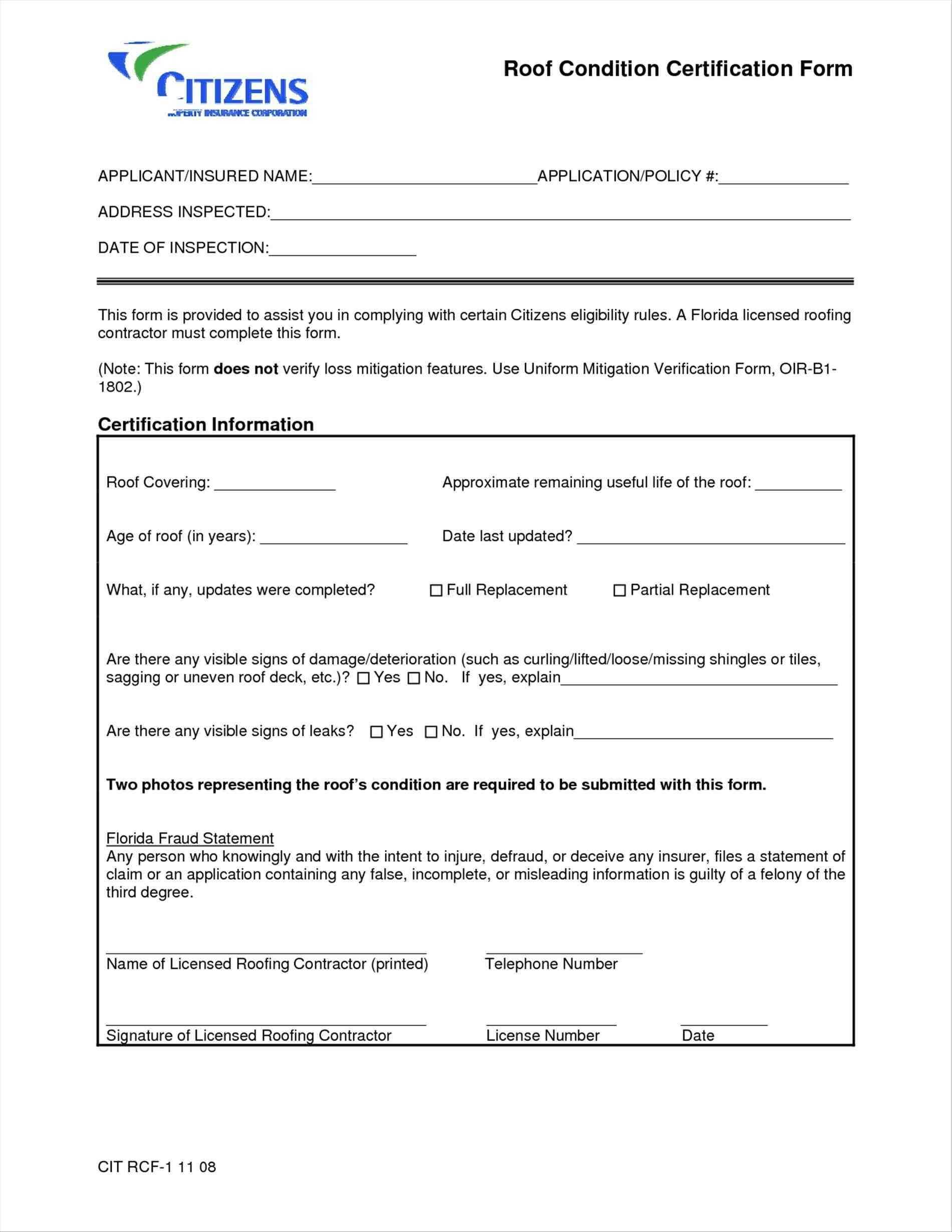 2008 Form Citizens Rcf 1 Fill Online Printable Fillable In Roof Certification Template