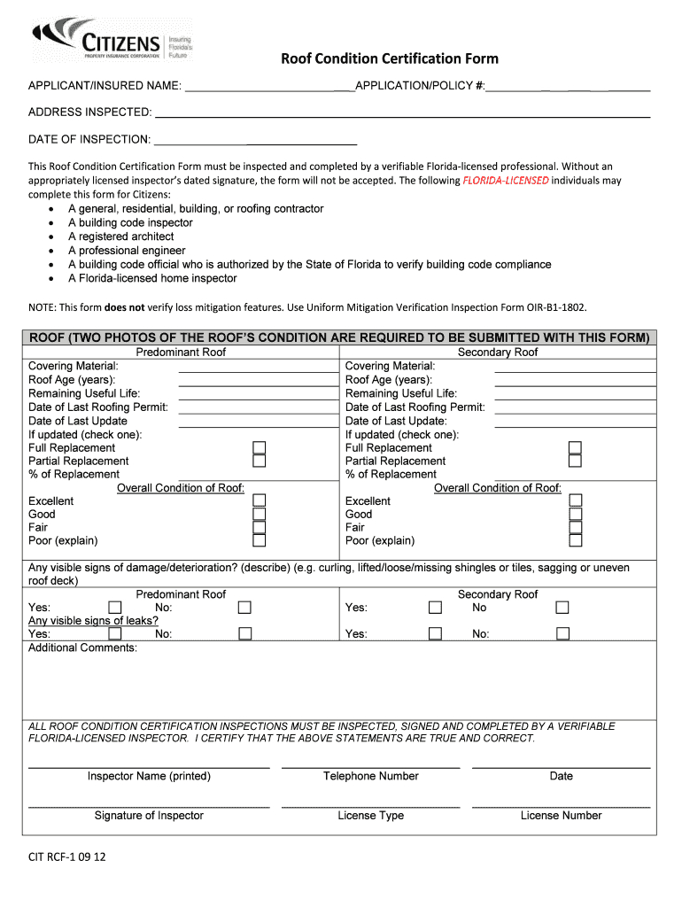 2012 2020 Form Citizens Rcf 1 Fill Online, Printable With Roof Certification Template