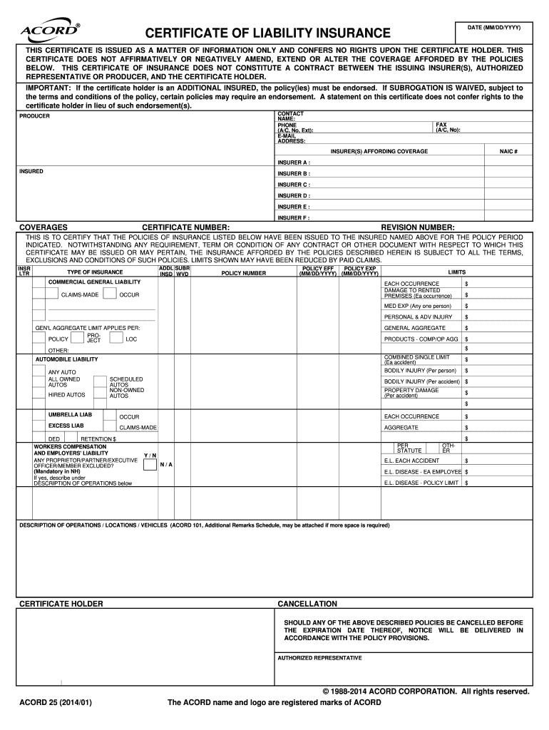 2014 2020 Form Acord 25 Fill Online, Printable, Fillable With Certificate Of Liability Insurance Template