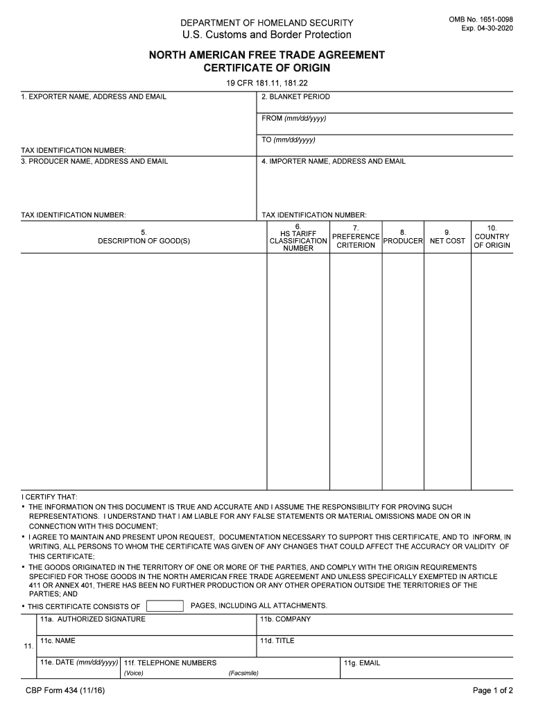 2016 2020 Form Cbp 434 Fill Online, Printable, Fillable Inside Nafta Certificate Template