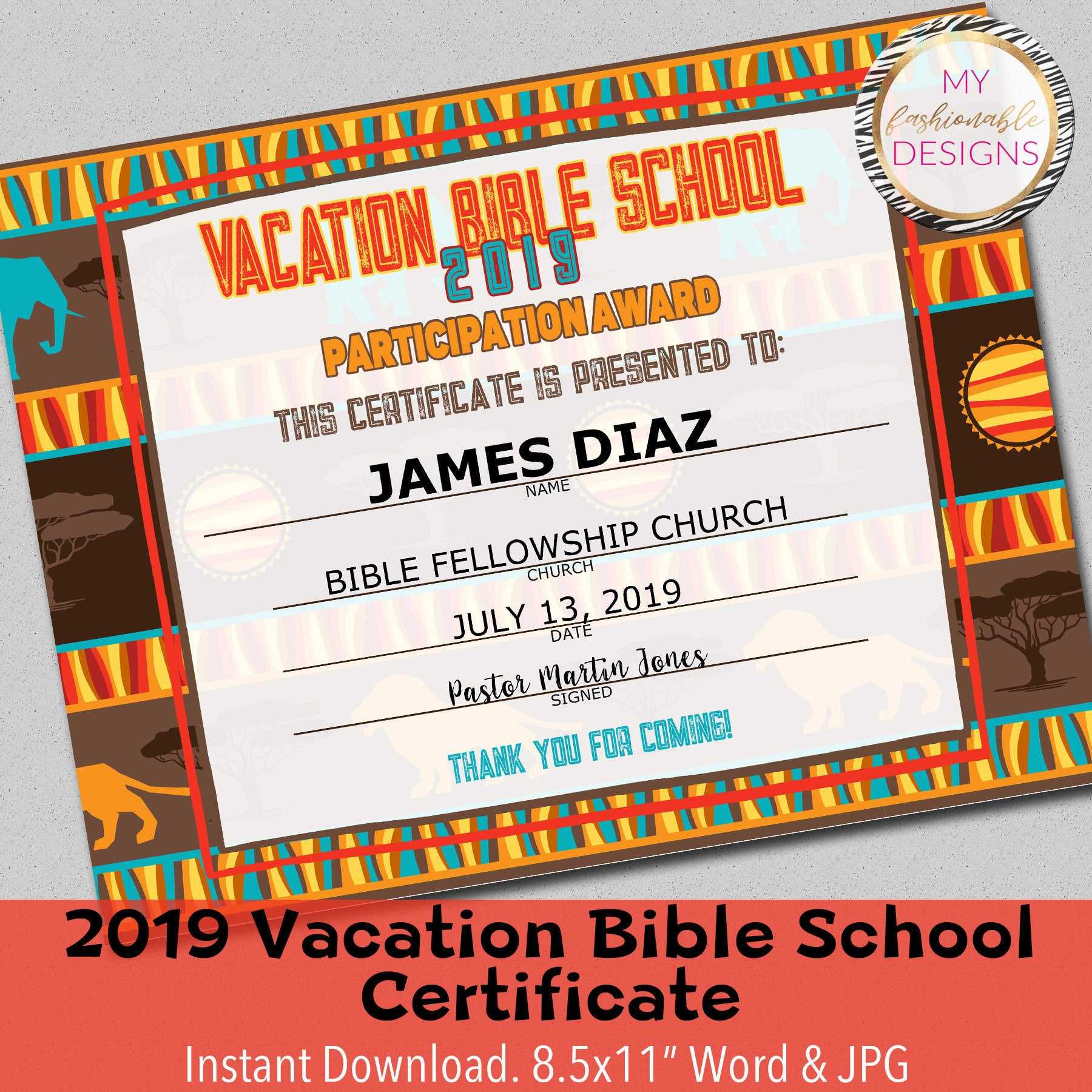 2019 Vbs Certificate, Vacation Bible School, Instant Download – 8.5X11"  Word And Jpg For Vbs Certificate Template