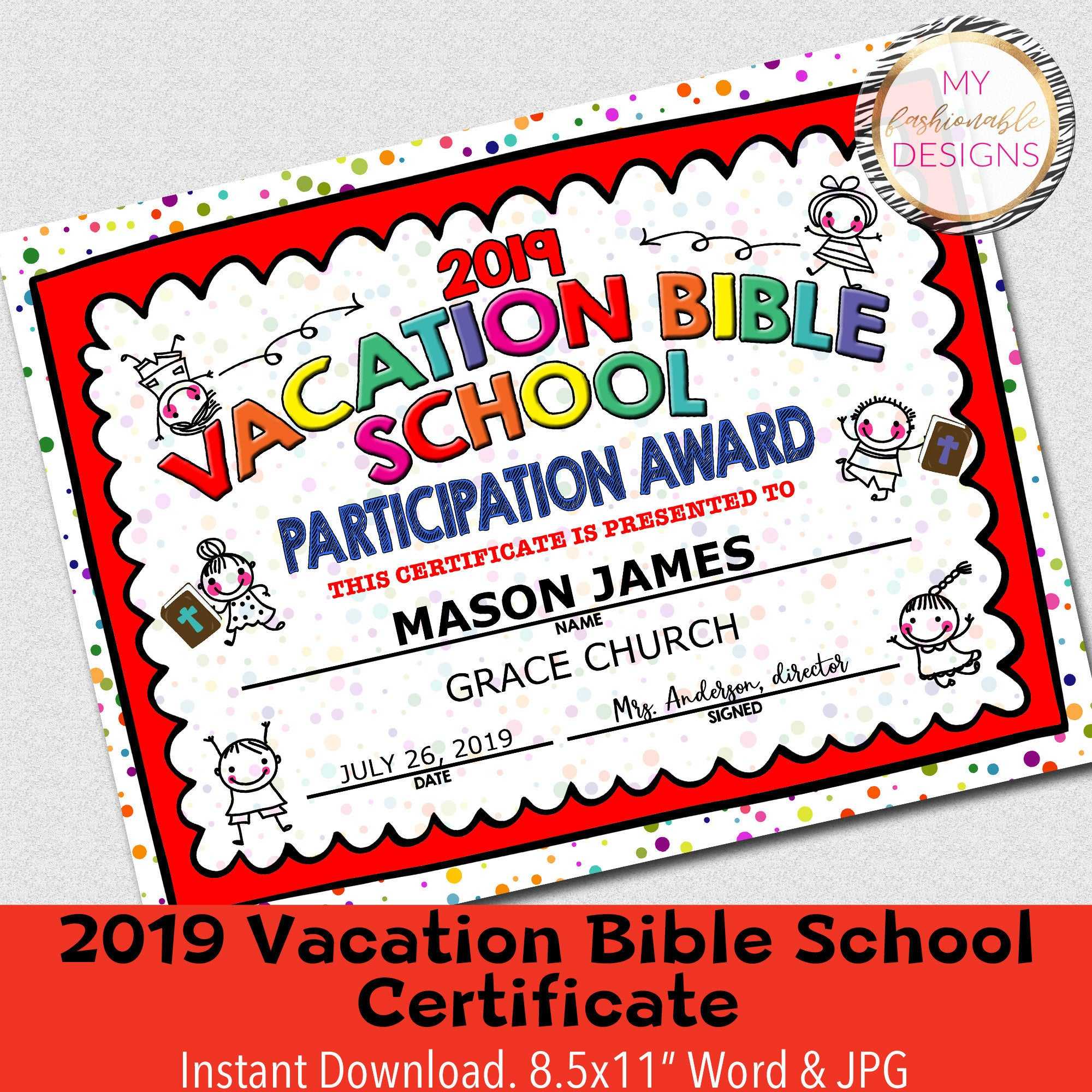 2019 Vbs Certificate, Vacation Bible School, Instant Download – 8.5X11"  Word And Jpg With Regard To Vbs Certificate Template