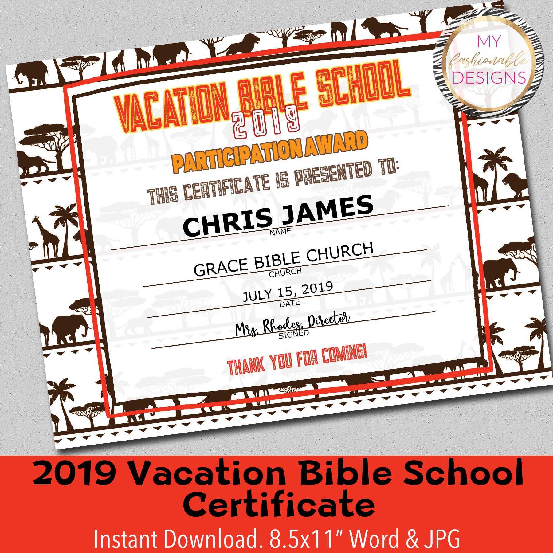 2019 Vbs Certificate, Vacation Bible School, Lion Roar Vbs, Instant  Download – 8.5X11" Word And Jpg Pertaining To Vbs Certificate Template