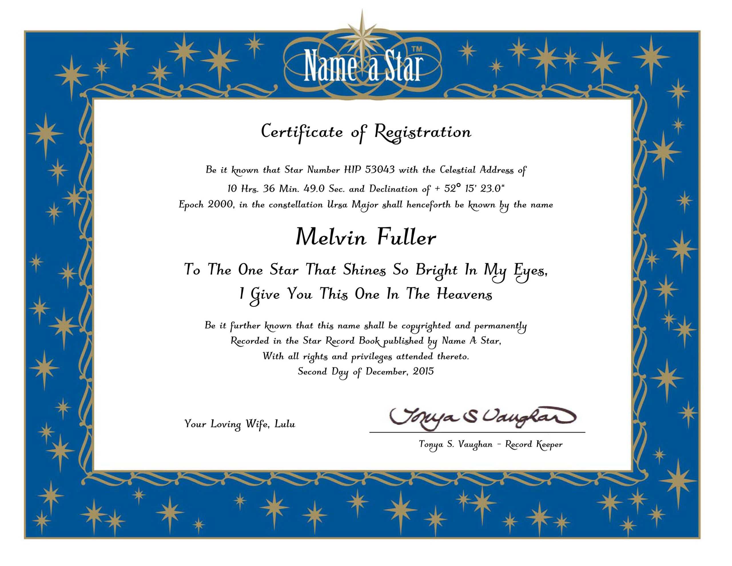 Star Naming Certificate Template - Business Professional ...