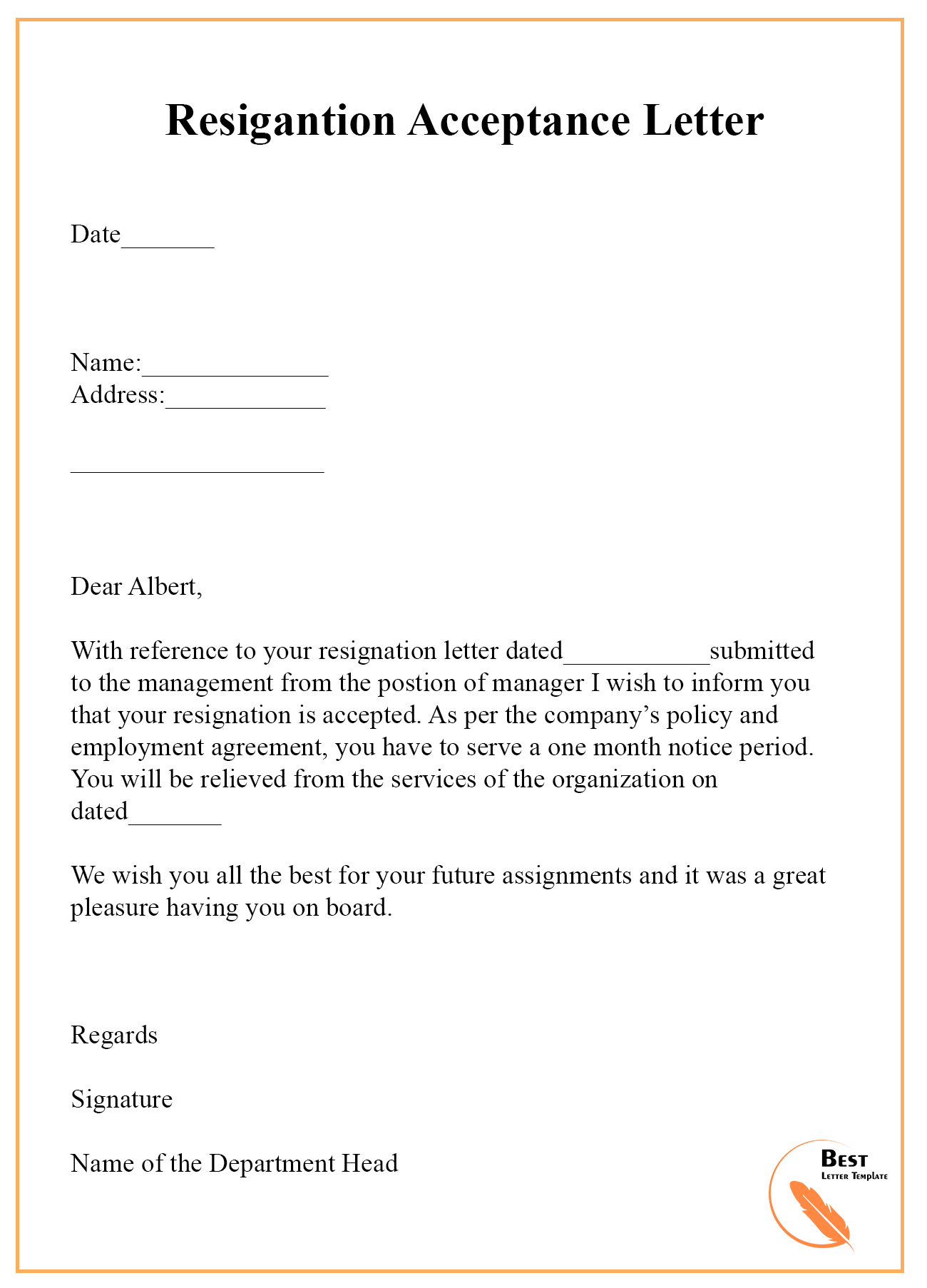 9+ Resignation Acceptance Letter Template [Examples Within Certificate Of Acceptance Template