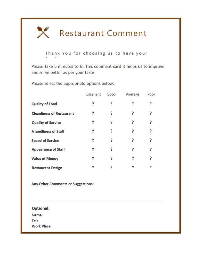 9 Restaurant Comment Card Templates - Free Sample Templates In Restaurant Comment Card Template