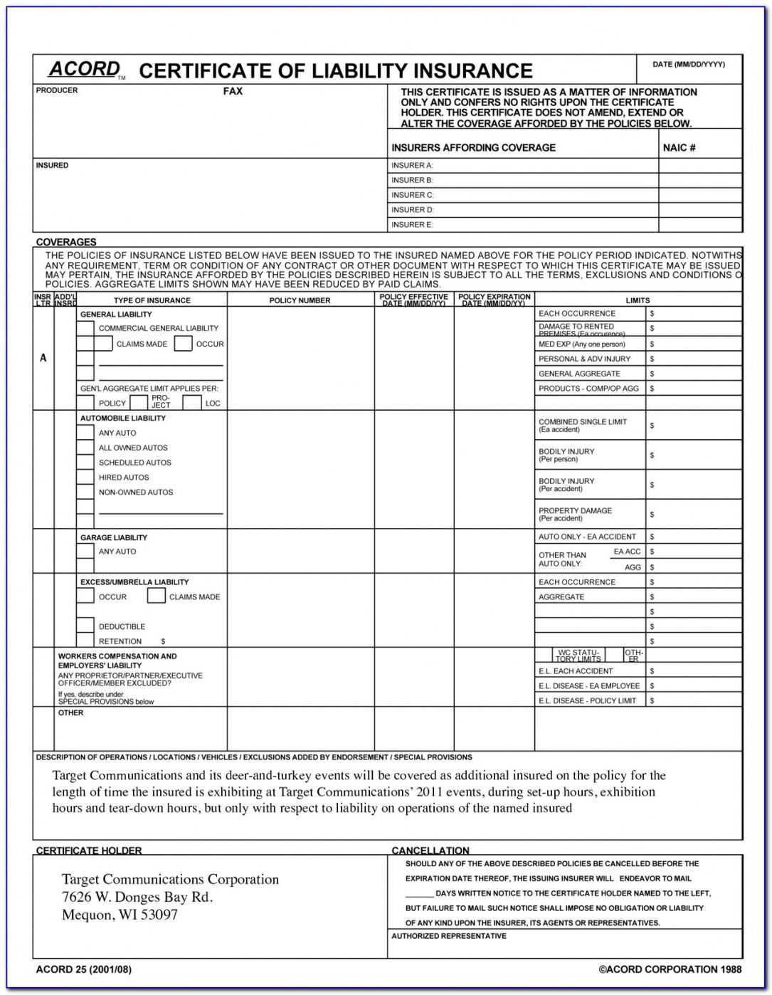 Certificate Of Liability Insurance Template