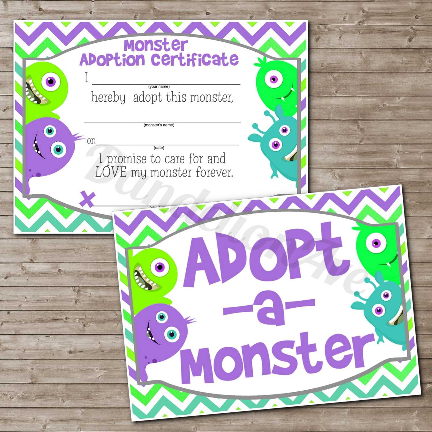 Adopt A Monster Certificate And Sign Set 2 | Dandelion Avenue With Regard To Toy Adoption Certificate Template