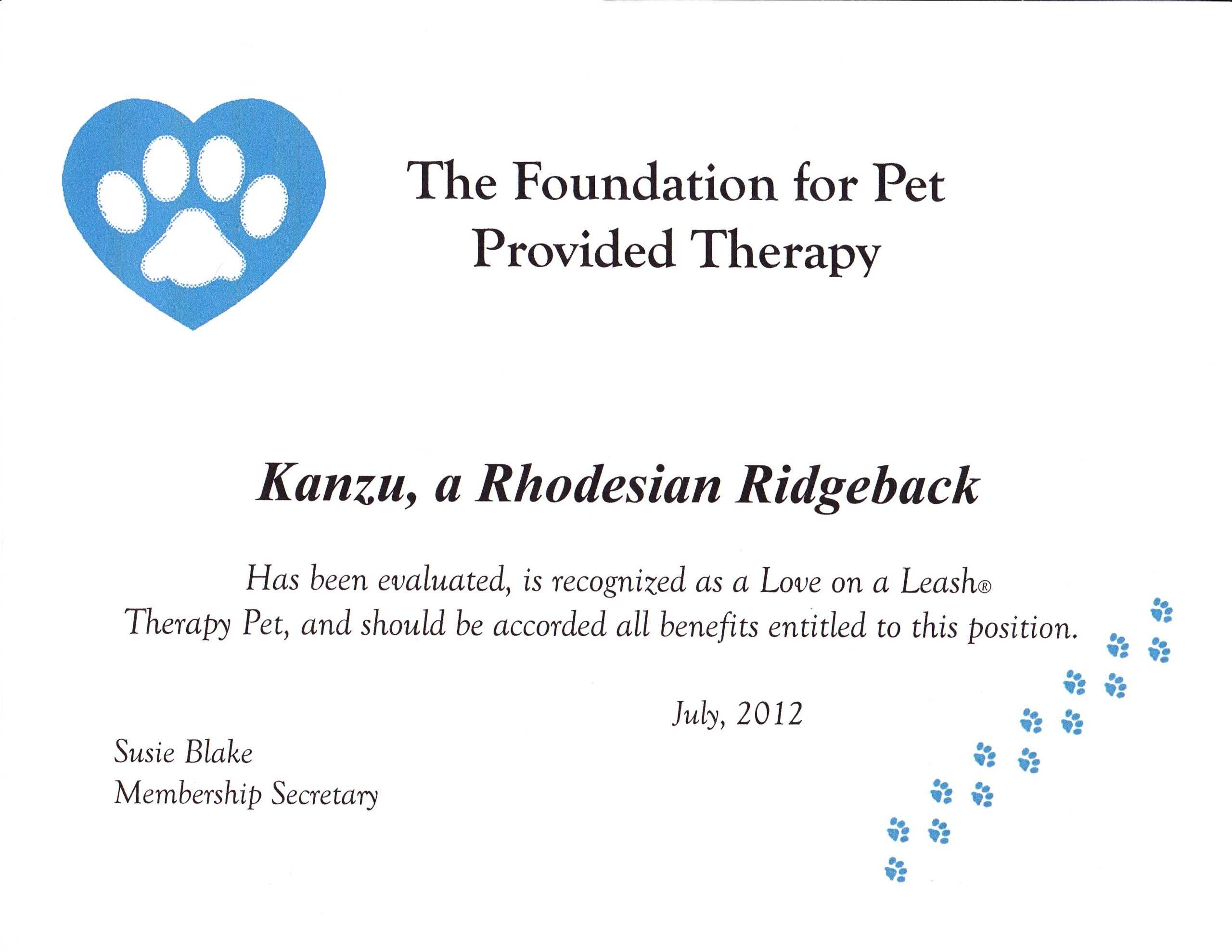 African Treasure Rhodesian Ridgebacks » Therapy Dog Inside Service Dog Certificate Template