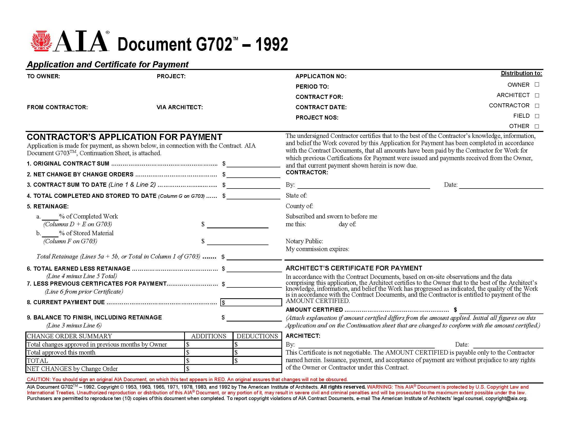 Aia Forms G702 & G703 Application, Certificate, And Continuation With Regard To Certificate Of Substantial Completion Template