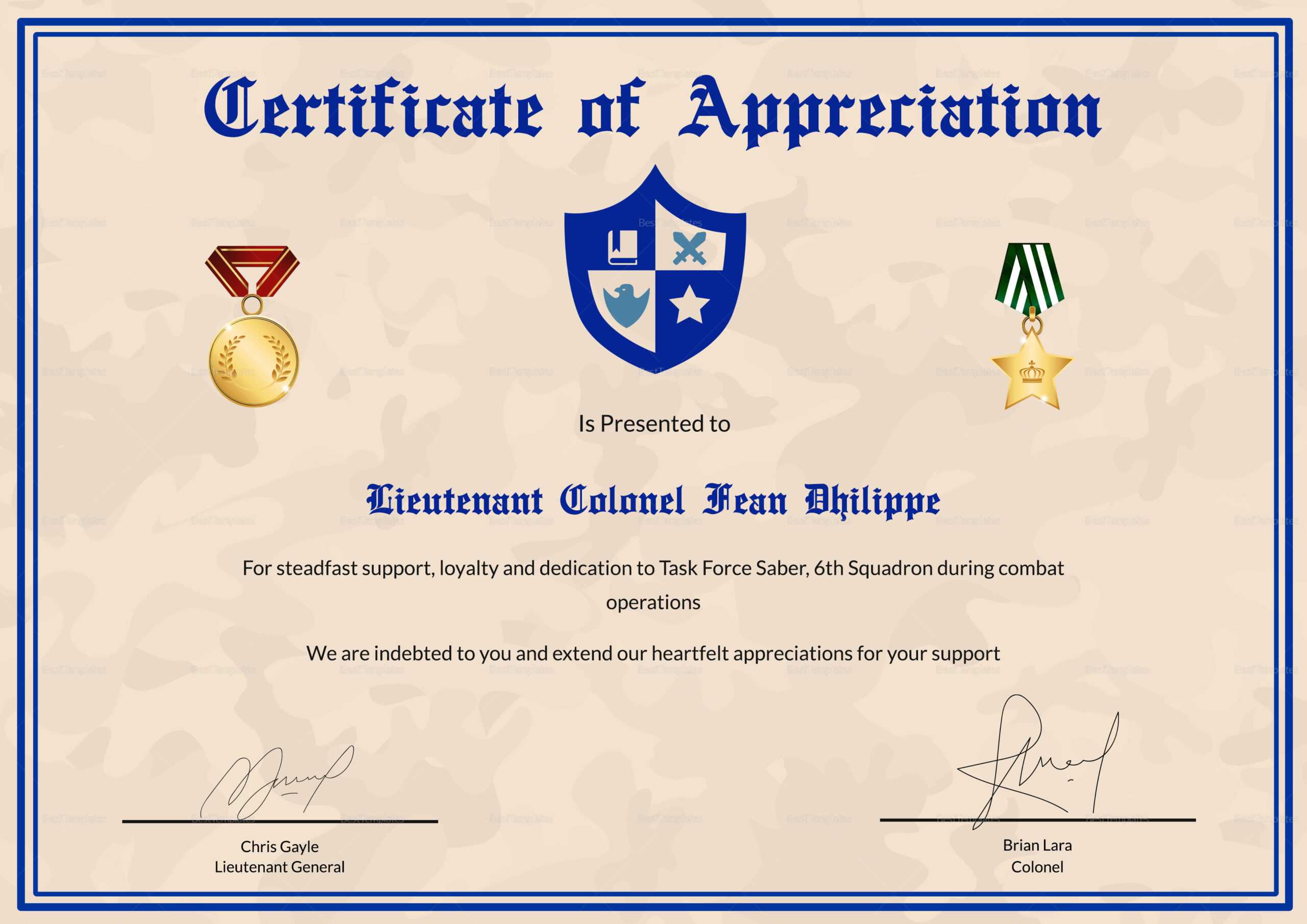 Army Certificate Of Appreciation Template Intended For Army Certificate Of Appreciation Template