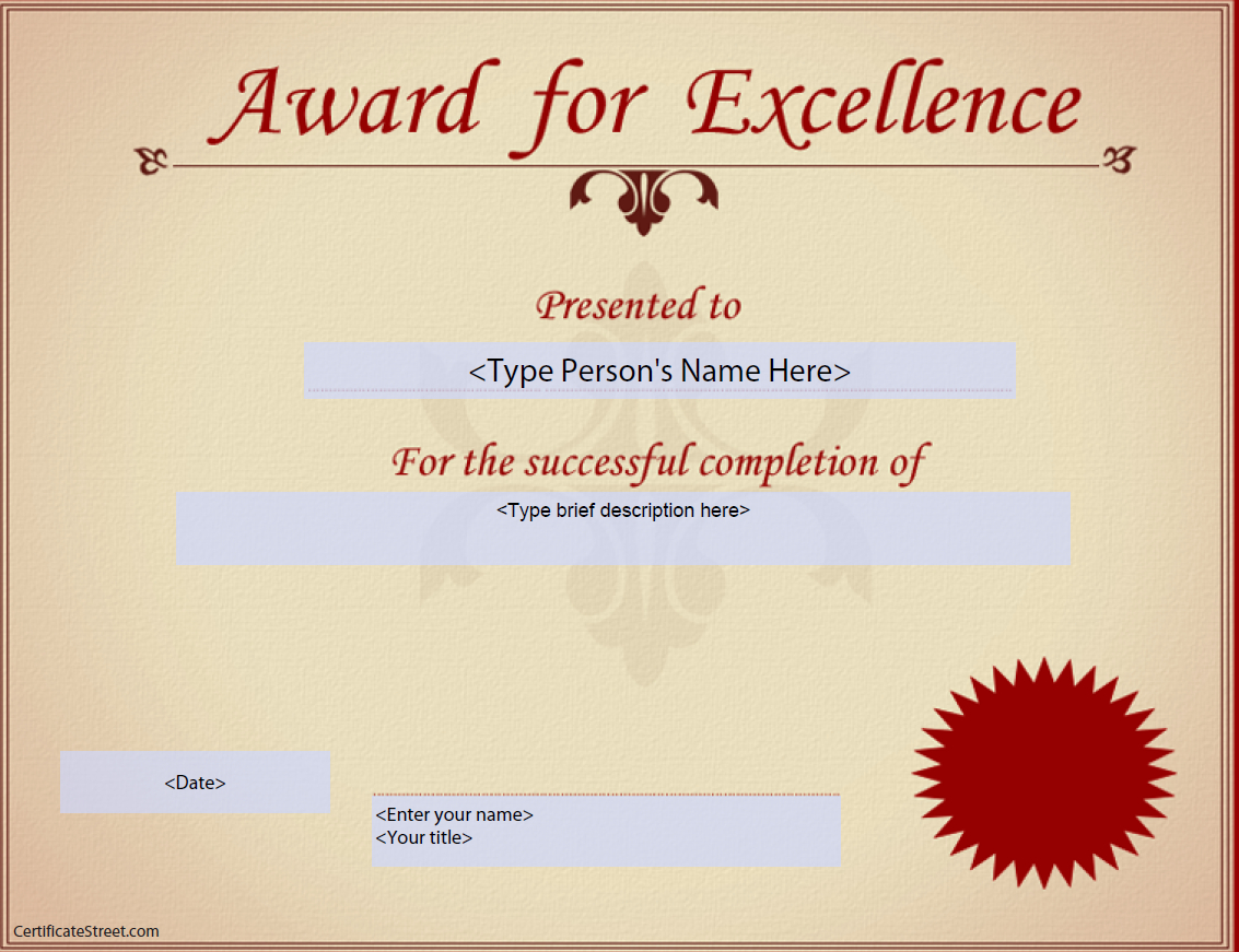 Award For Excellence Certificate | Templates At Pertaining To Award Of Excellence Certificate Template