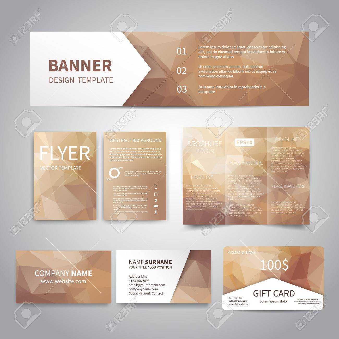 Banner, Flyers, Brochure, Business Cards, Gift Card Design Templates Set  With Geometric Triangular Beige Background. Corporate Identity Set, Pertaining To Advertising Cards Templates