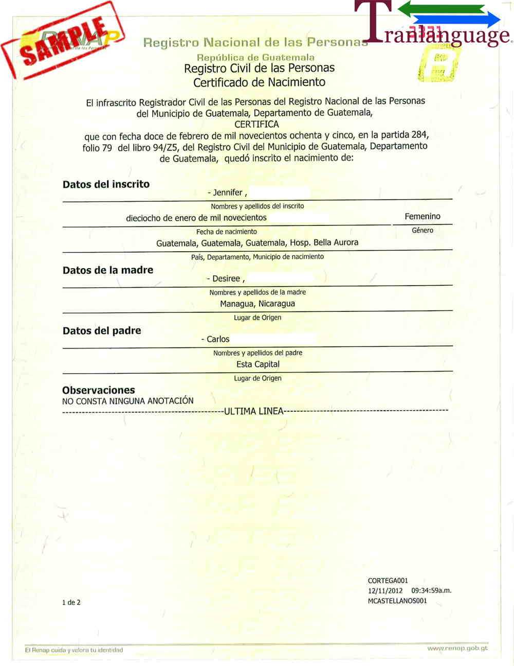 Birth Certificate Guatemala Intended For Birth Certificate Translation Template English To Spanish