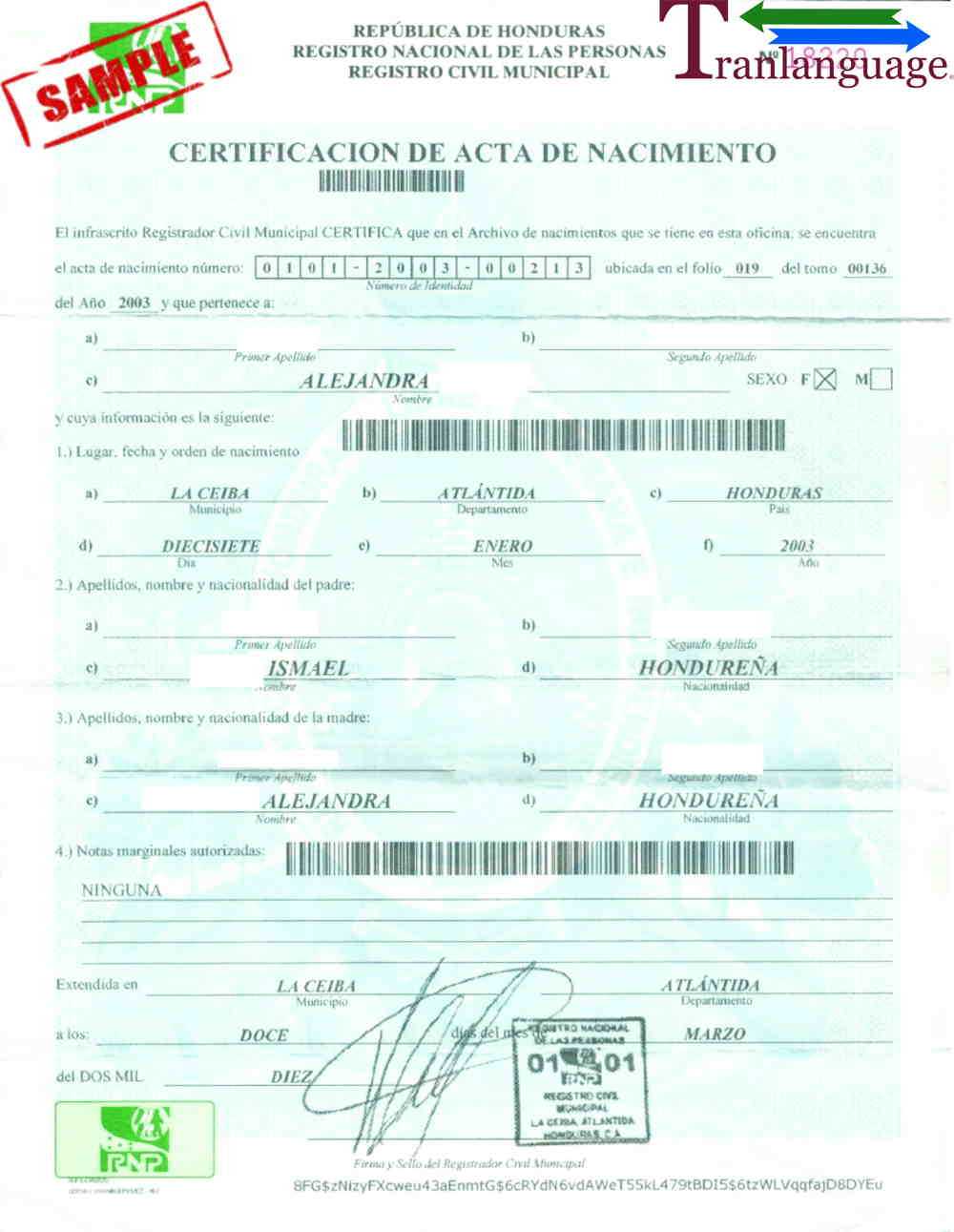 Birth Certificate Honduras Intended For Birth Certificate Translation Template English To Spanish