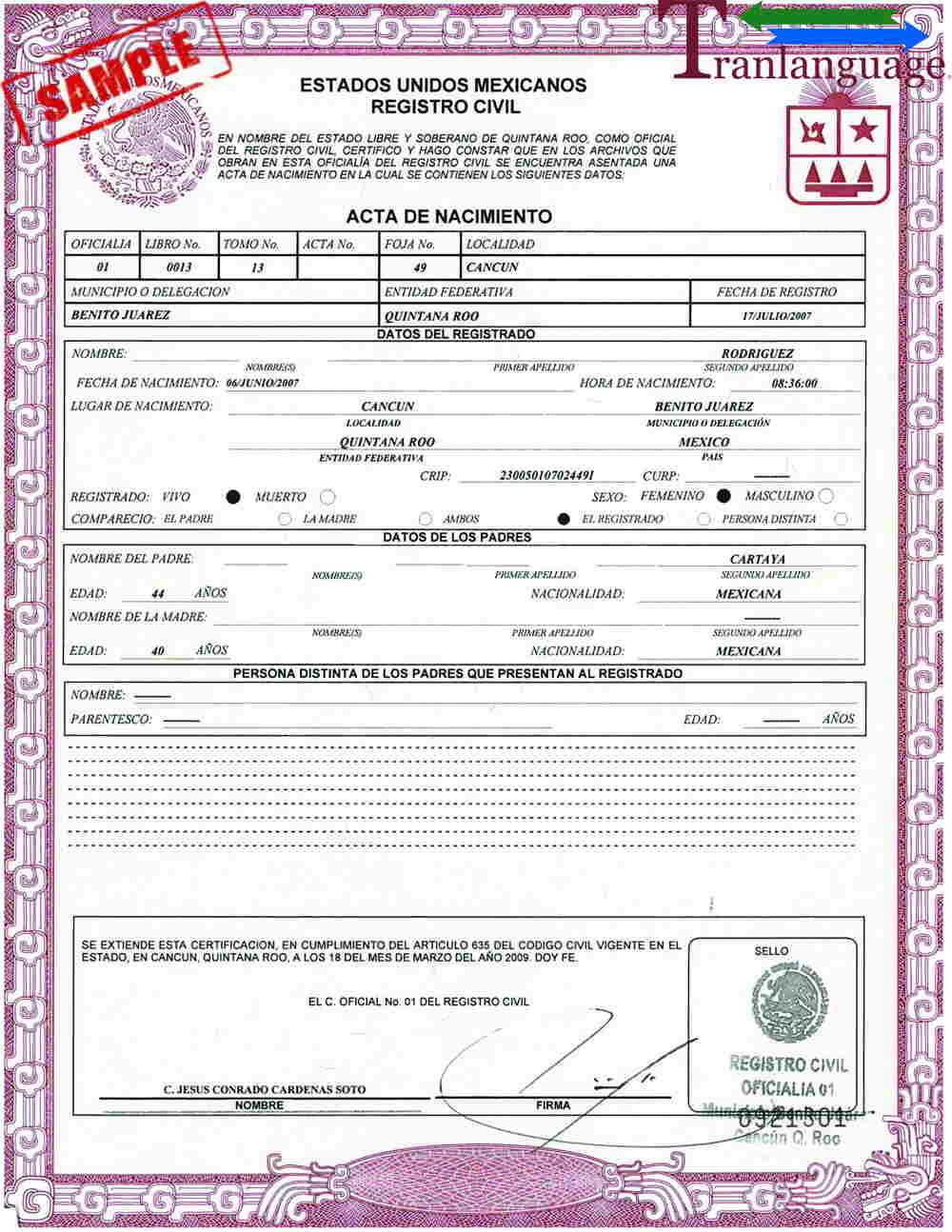 Birth Certificate Mexico Throughout Mexican Marriage Certificate Translation Template
