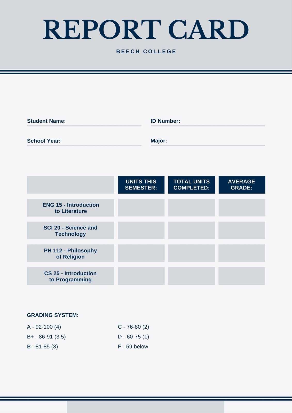 Blue And Gray Simple College Report Card - Templatescanva Throughout College Report Card Template
