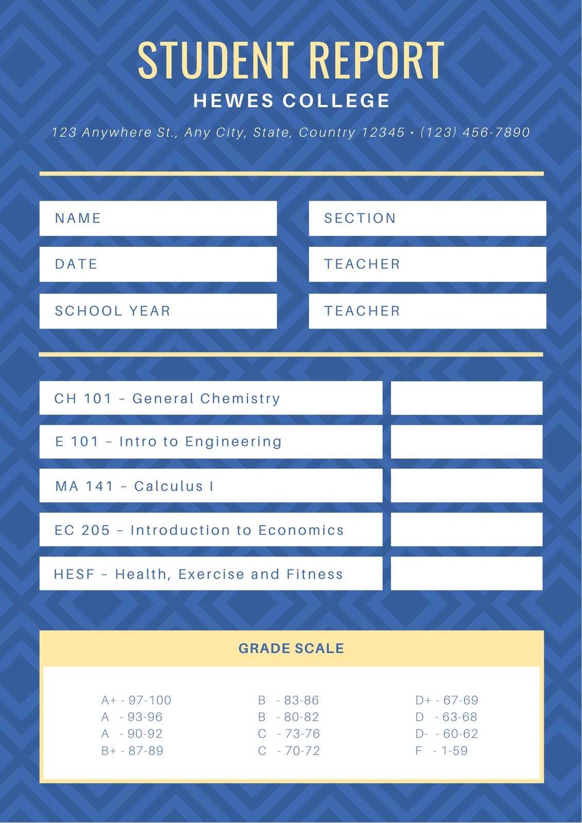 Blue Diamond Pattern College Report Card – Templatescanva Intended For College Report Card Template