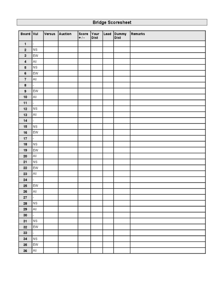 Bridge Score Sheet - 6 Free Templates In Pdf, Word, Excel In Bridge Score Card Template