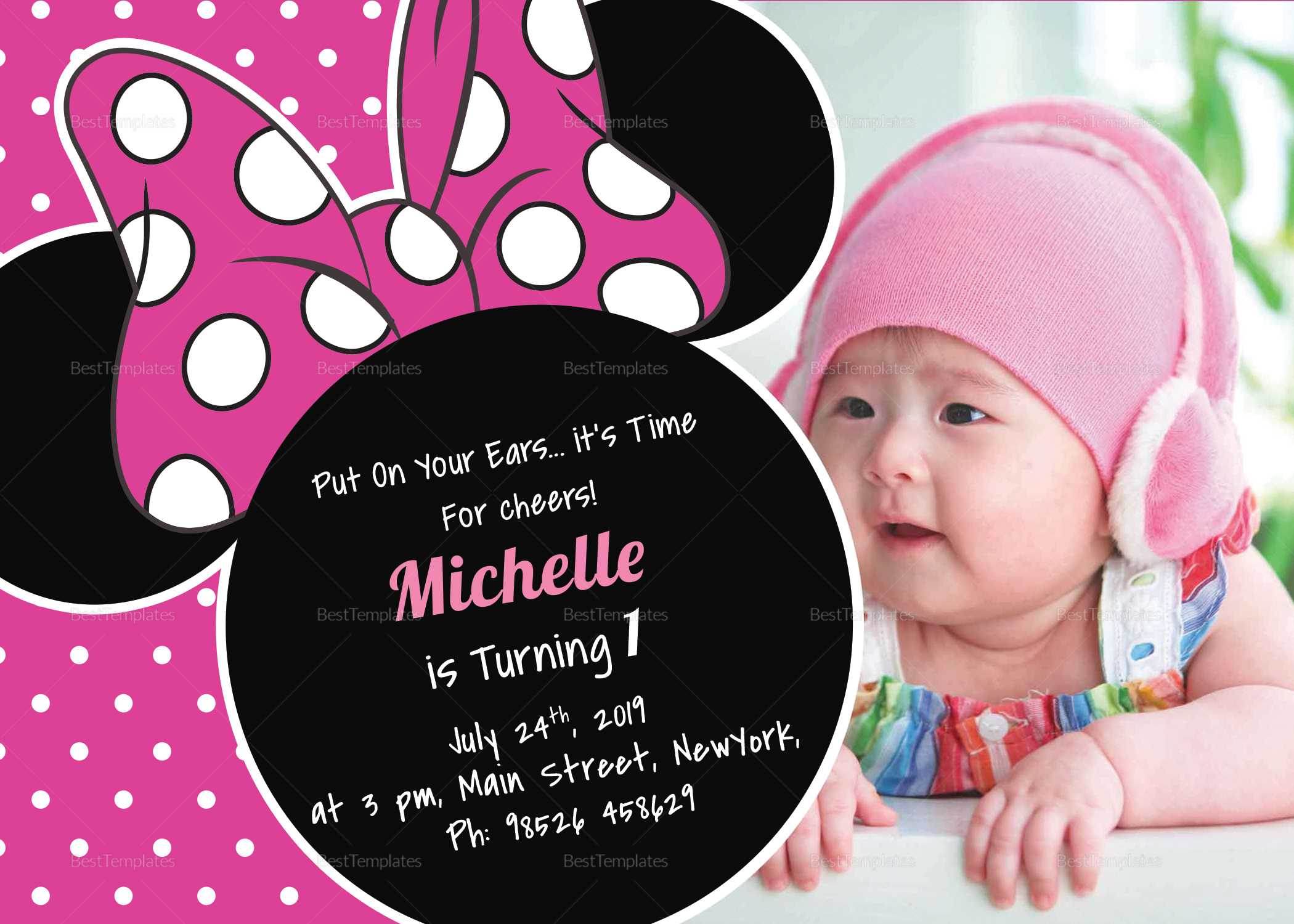 Bright Minnie Mouse Birthday Invitation Card Template Within Minnie Mouse Card Templates