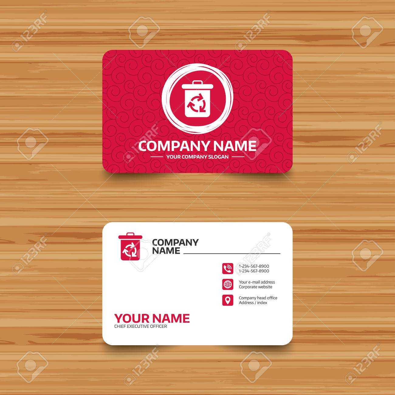 Business Card Template With Texture. Recycle Bin Icon. Reuse Or Reduce  Symbol. Phone, Web And Location Icons. Visiting Card Vector With Bin Card Template