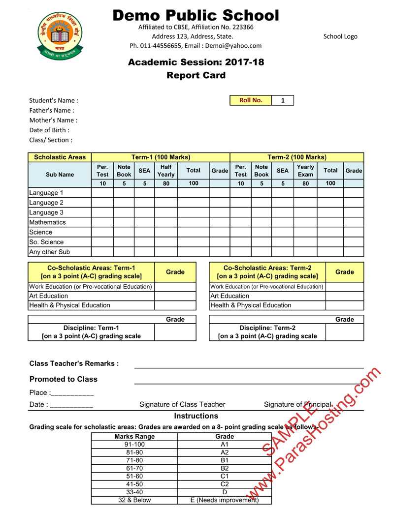Cbse Report Card Format For Primary Classes  I To V Within High School Student Report Card Template
