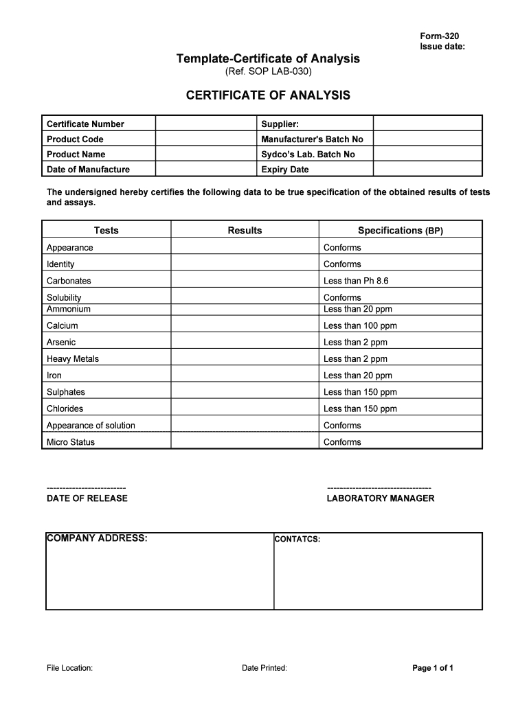 Certificate Of Analysis Template – Fill Online, Printable With Certificate Of Analysis Template