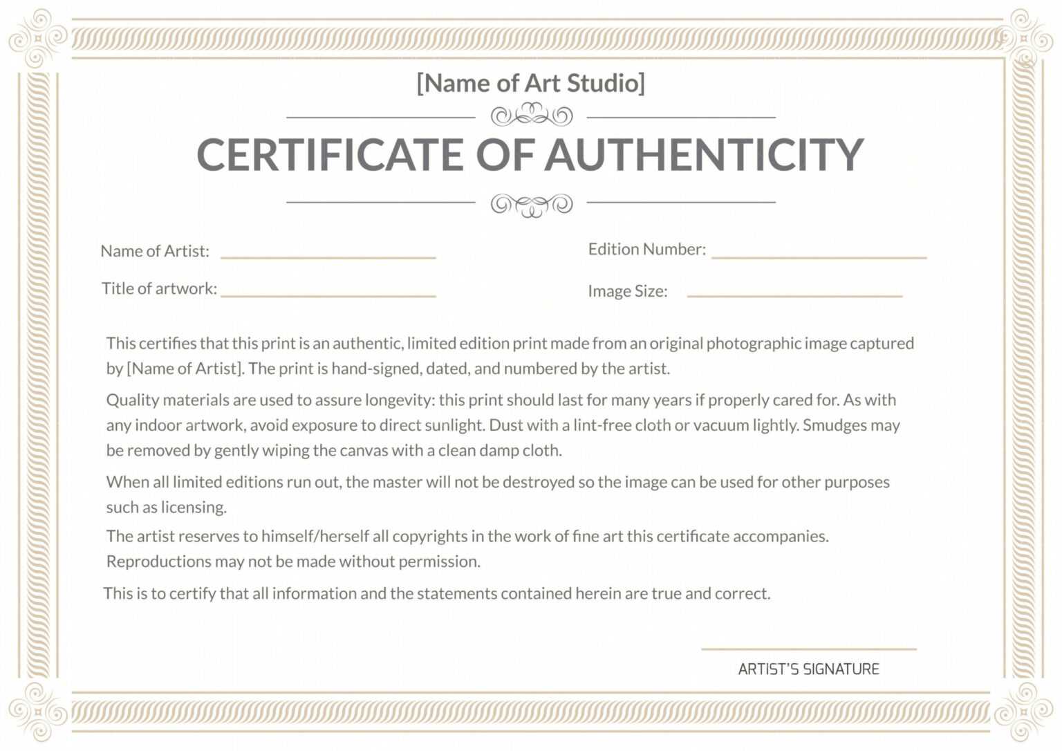 Certificate Of Authenticity Photography Template Business