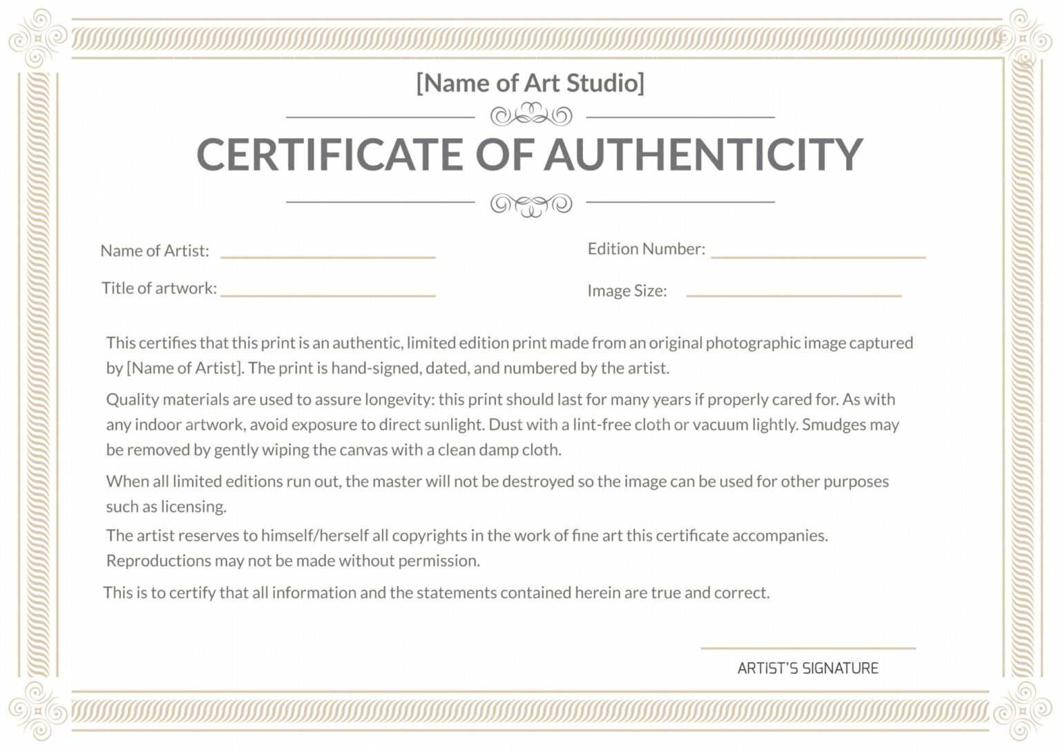 Certificate Of Authenticity Template Word