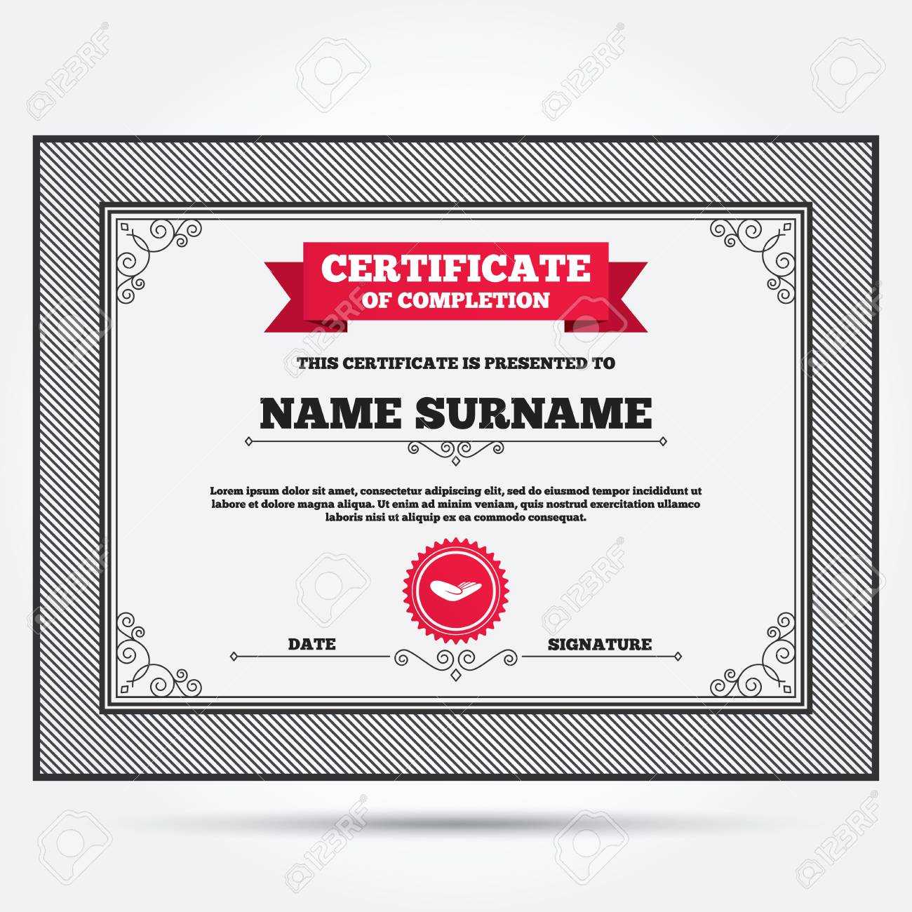 Certificate Of Completion. Donation Hand Sign Icon. Charity Or Endowment  Symbol. Human Helping Hand Palm. Template With Vintage Patterns. Vector Pertaining To Donation Certificate Template