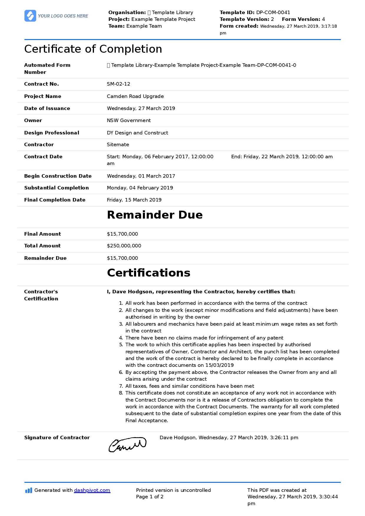 Certificate Of Completion For Construction (Free Template + Inside Certificate Of Completion Construction Templates