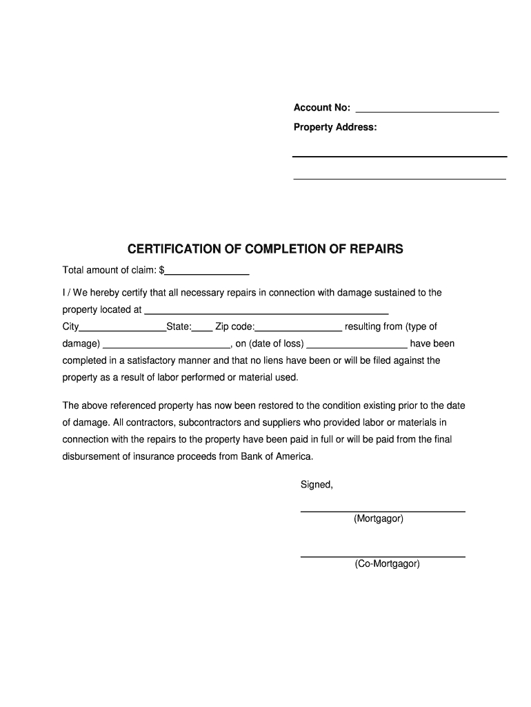 Certificate Of Completion For Insurance Purposes – Fill For Roof Certification Template