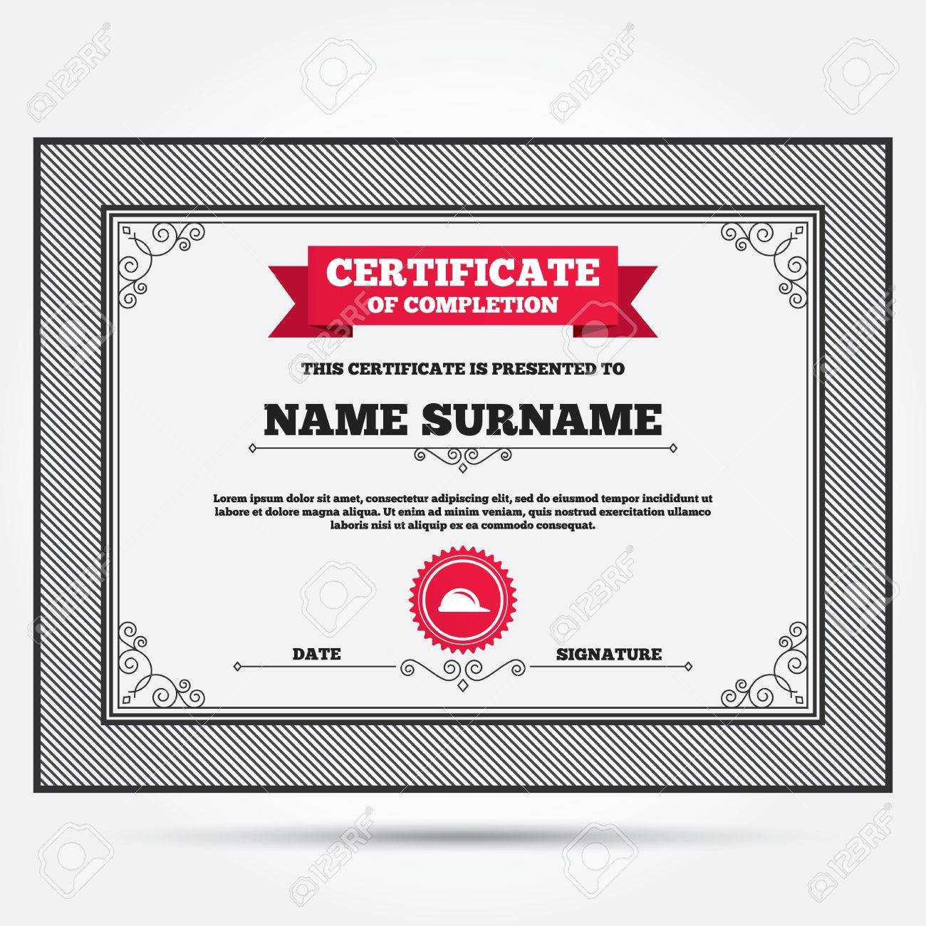 Certificate Of Completion. Hard Hat Sign Icon. Construction Helmet.. In Construction Certificate Of Completion Template