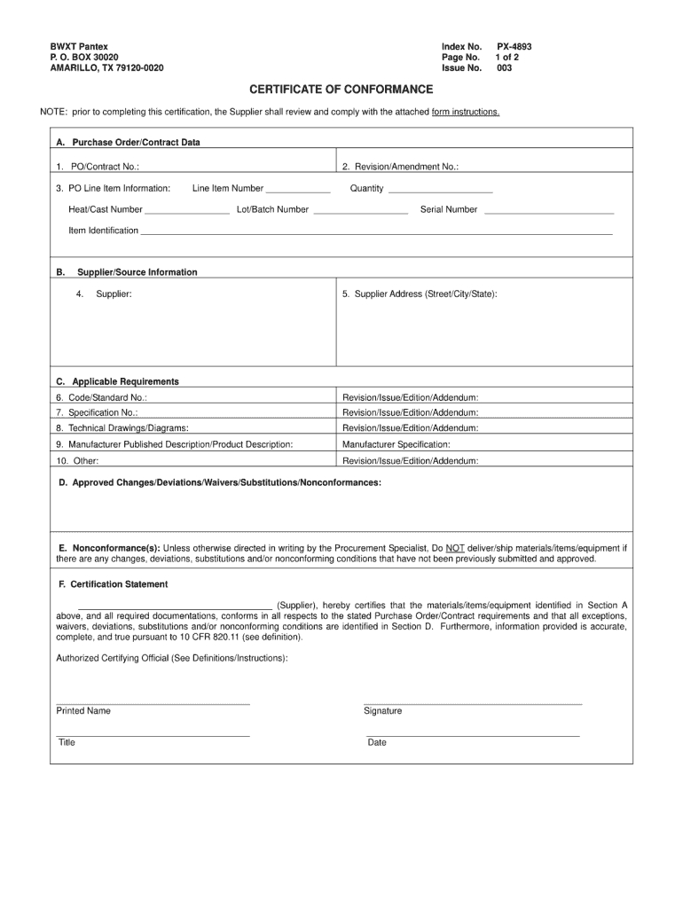 Certificate Of Conformance Template – Fill Online, Printable Throughout Certificate Of Manufacture Template