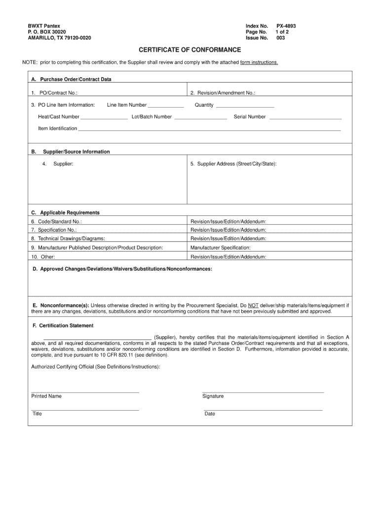 Certificate Of Conformance Template – Fill Online, Printable With Certificate Of Compliance Template