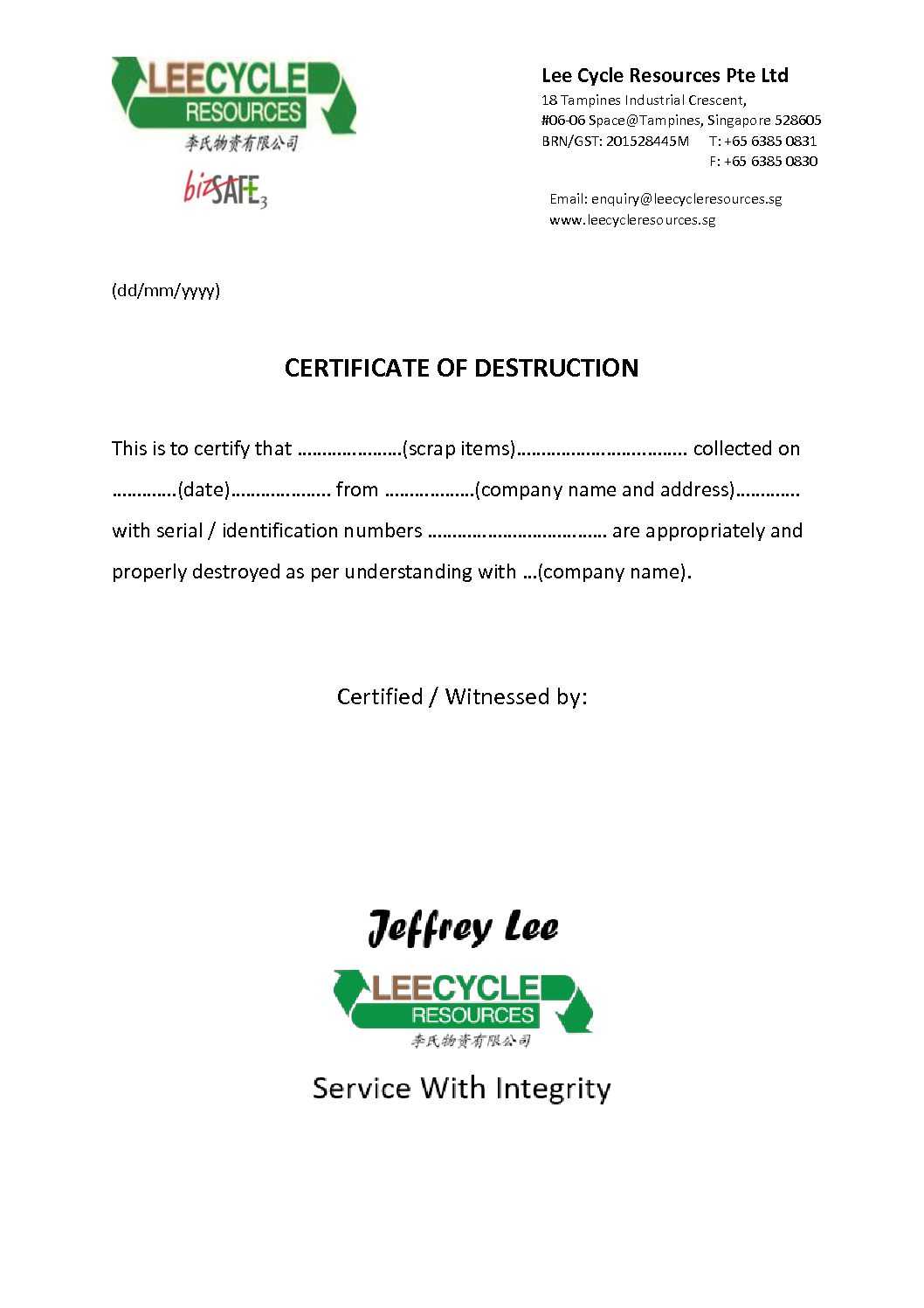 Certificate Of Destruction – Leecycle Resources Singapore Within Certificate Of Destruction Template