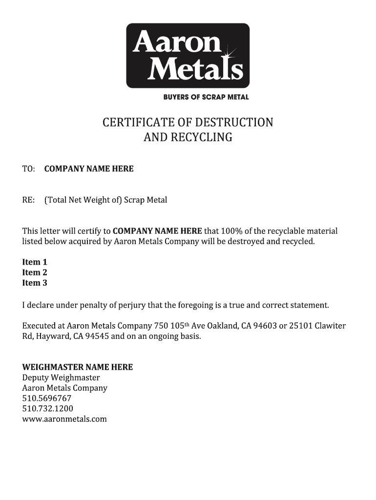 Certificate Of Destruction Template – Fill Online, Printable Within Certificate Of Disposal Template