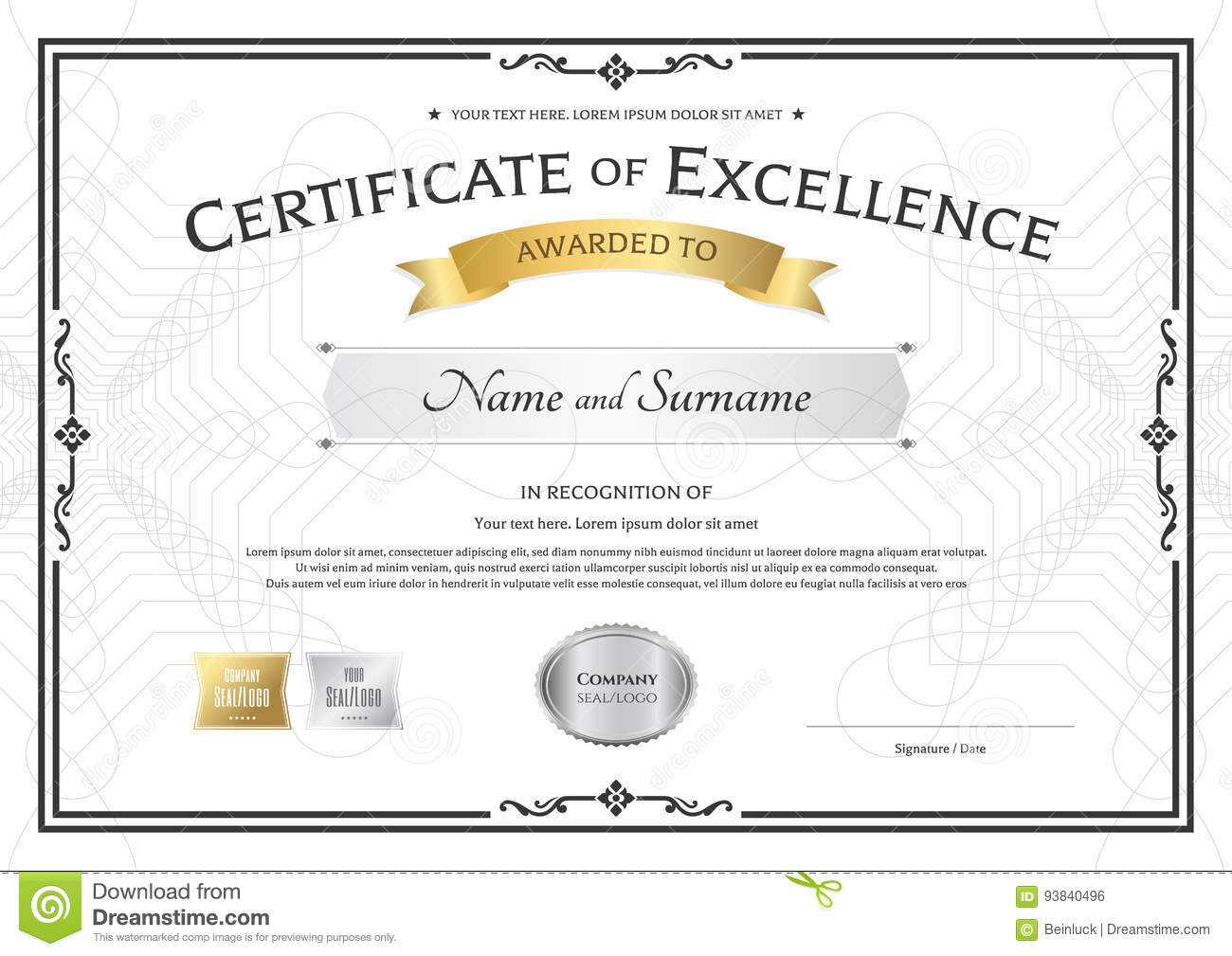 Certificate Of Excellence Template With Gold Award Ribbon On Inside Award Of Excellence Certificate Template