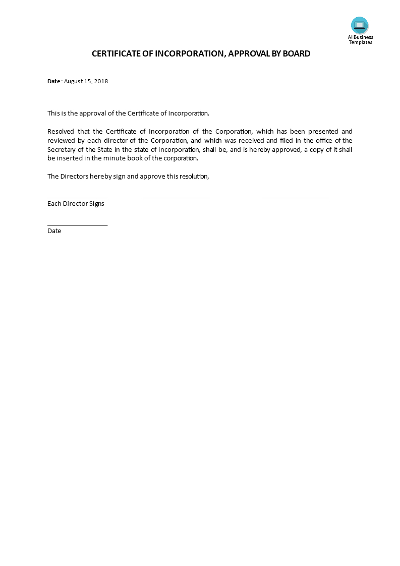 Certificate Of Incorporation, Board Acceptance | Templates At With Certificate Of Acceptance Template
