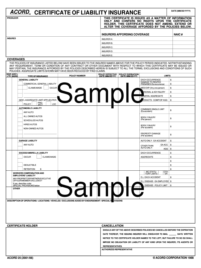 Certificate Of Insurance Template – Fill Online, Printable Throughout Certificate Of Liability Insurance Template