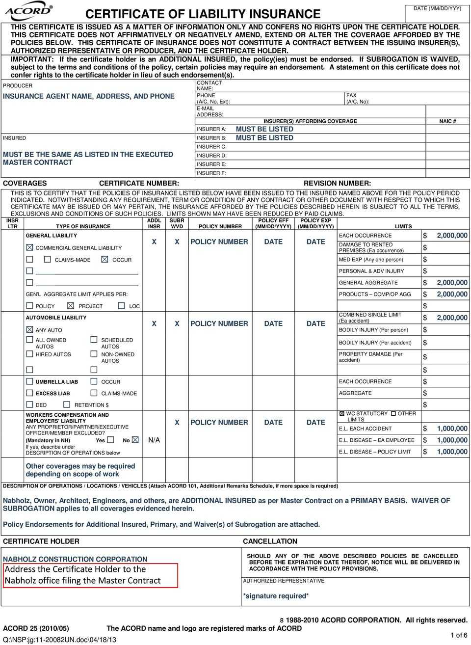 Certificate Of Liability Insurance Pdf Free Download Inside Acord 