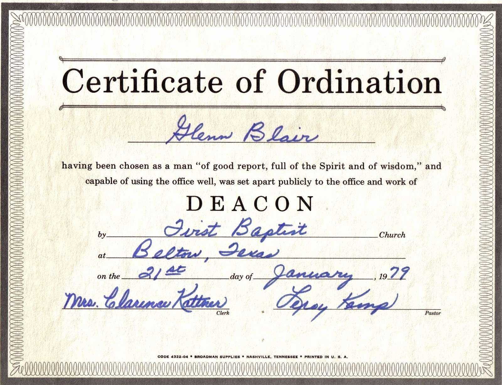 Certificate Of Ordination For Deaconess Example Inside Certificate Of Ordination Template