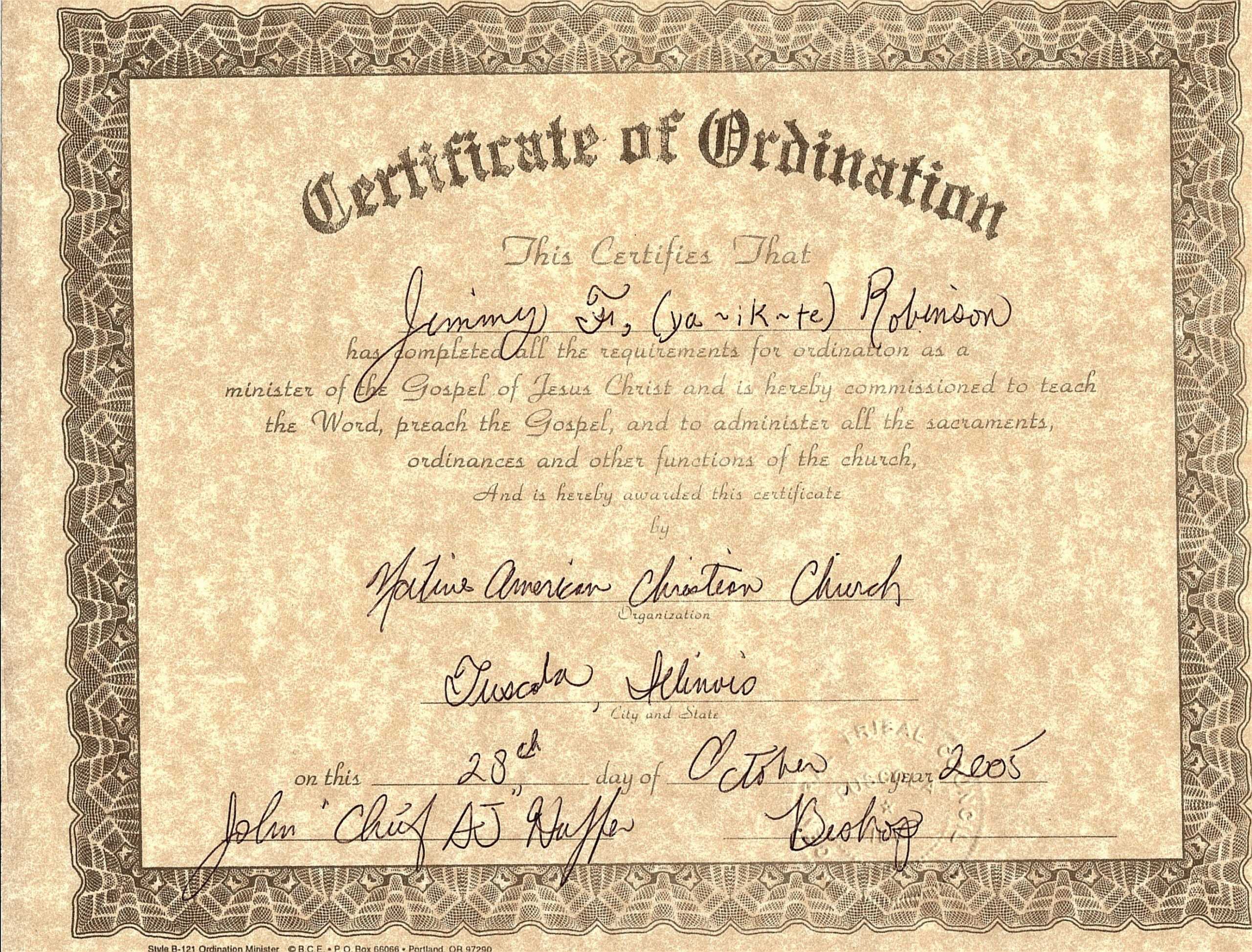 Certificate Of Ordination For Deaconess Example Intended For Ordination Certificate Template