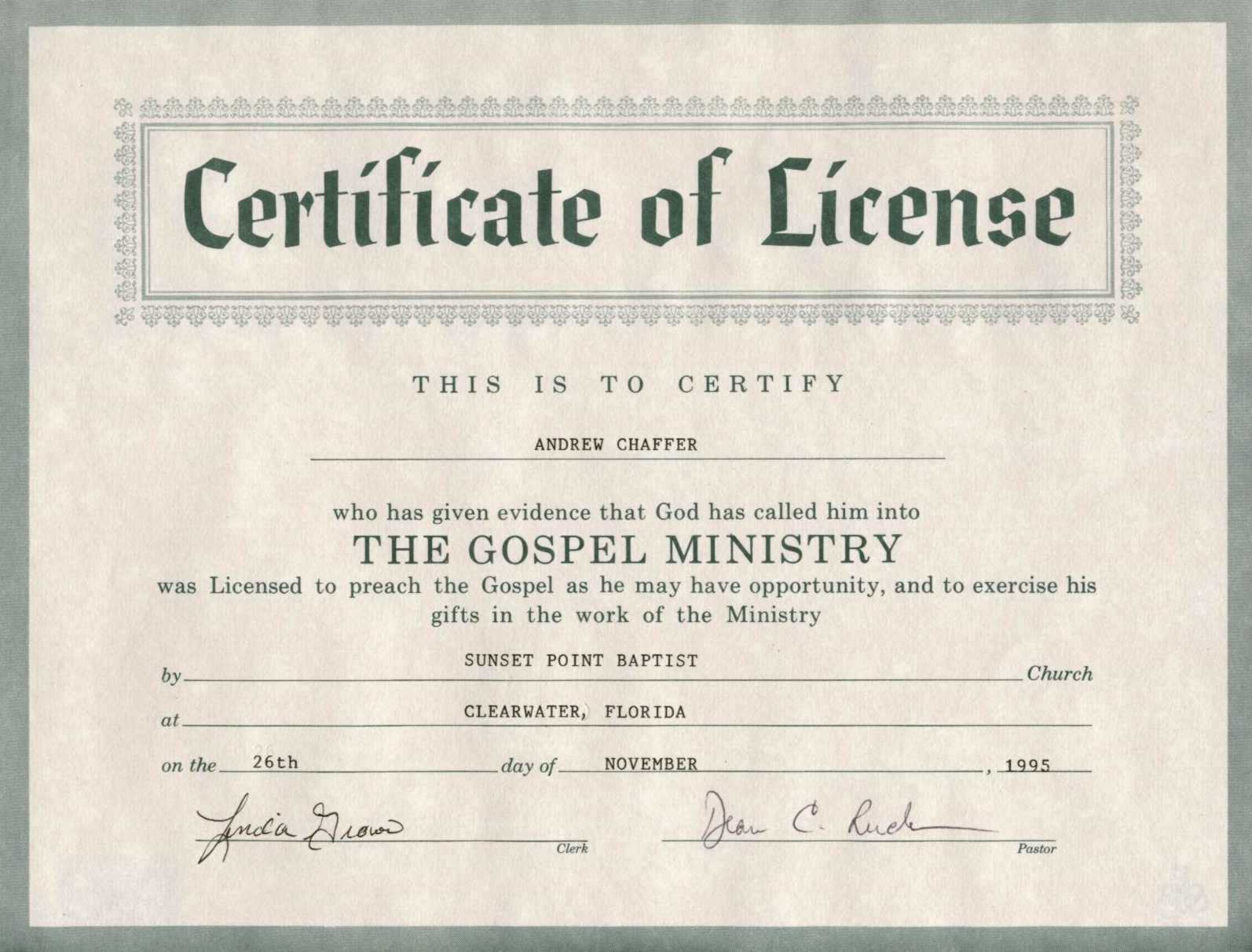 Certificate Of Ordination For Pastor Template For Certificate Of License Template
