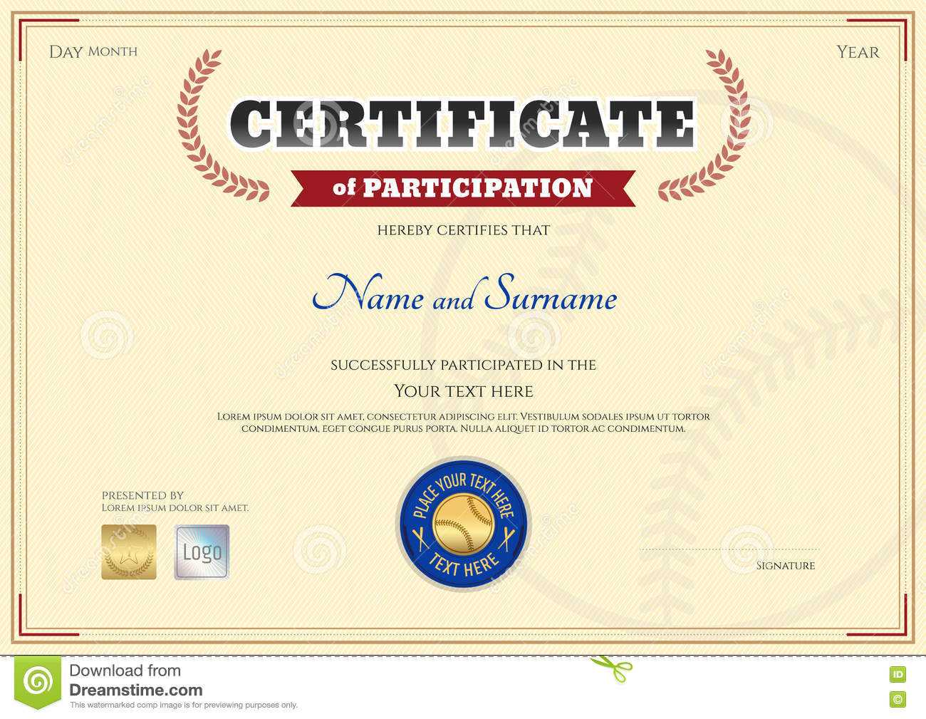Certificate Of Participation Template In Baseball Sport Within Participation Certificate Templates Free Download
