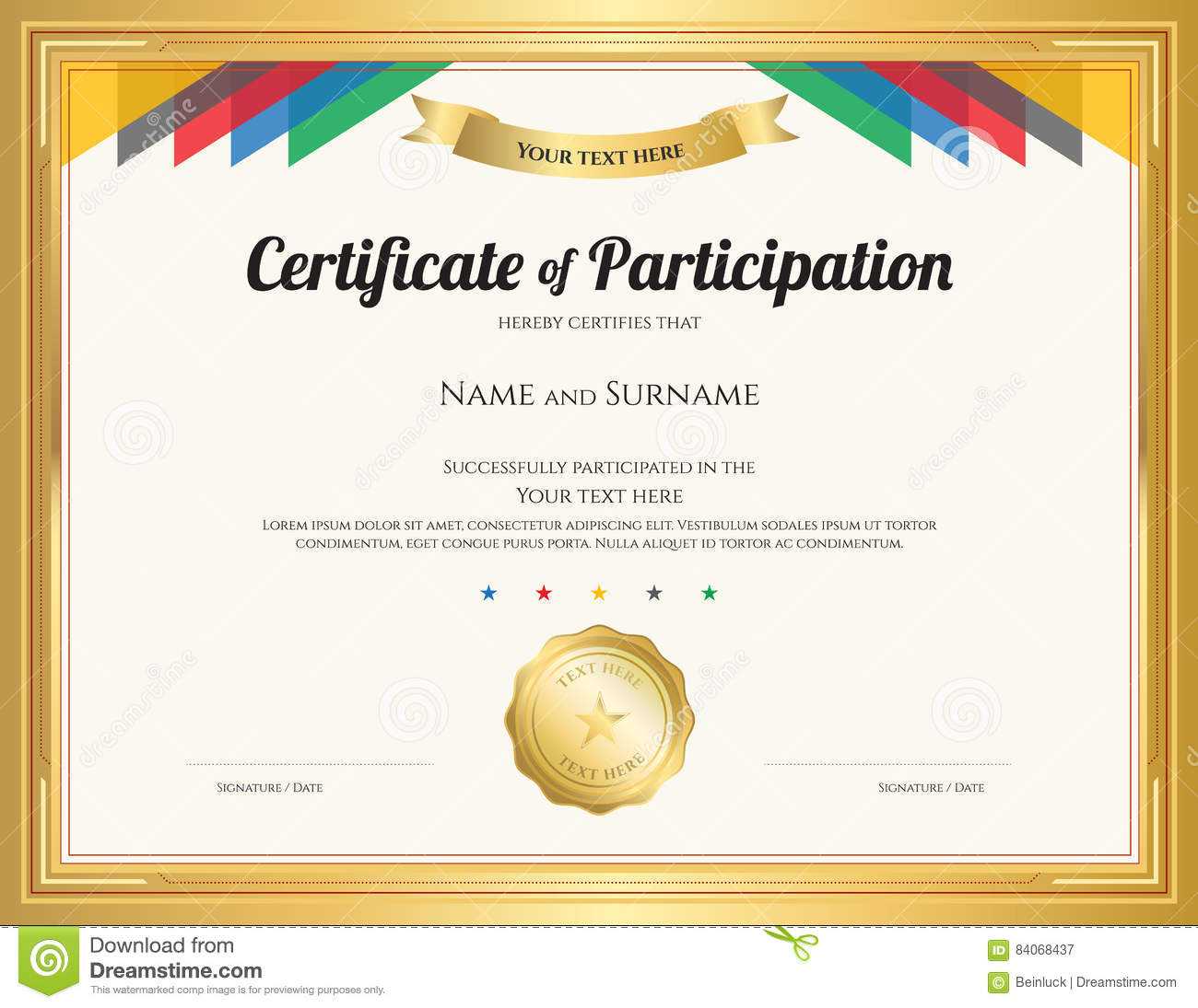 Certificate Of Participation Template With Gold Border Stock Intended For Participation Certificate Templates Free Download