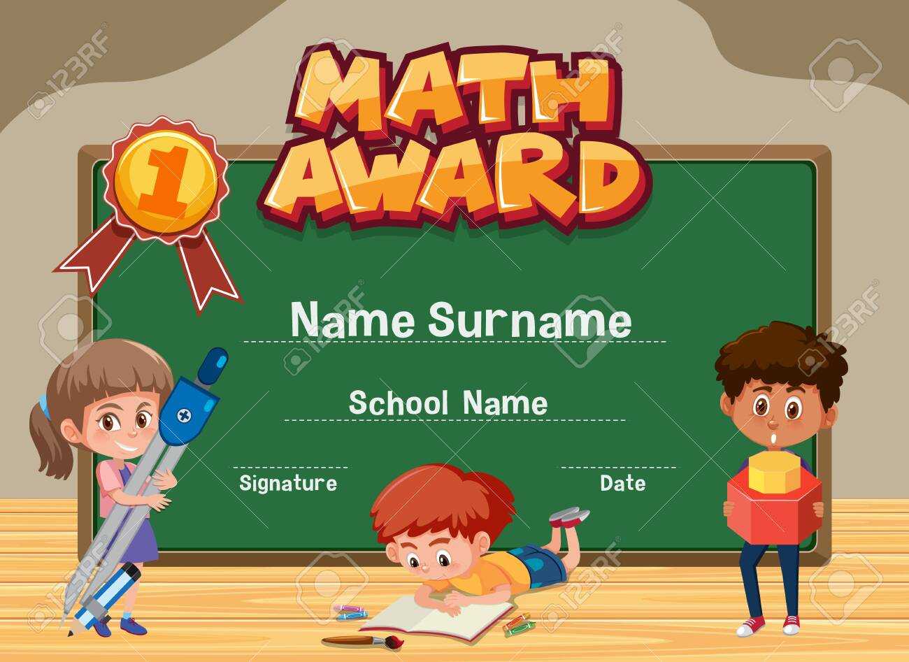 Certificate Template For Math Award With Kids In Classroom Background.. Within Math Certificate Template